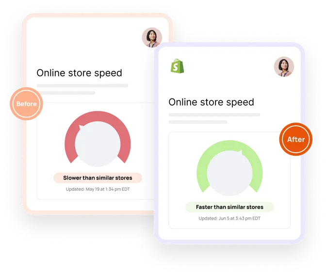 A Shopify online store speed report before and after optimisation: the before score sits in the red band marked slower than similar stores, the after score in the green band marked faster than similar stores.